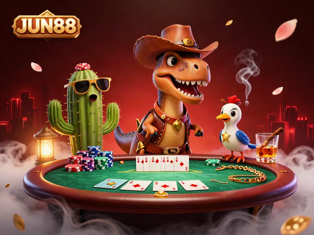 Experience the thrilling action at JUN88 casino with T-Rex characters, poker chips, and glowing motifs.