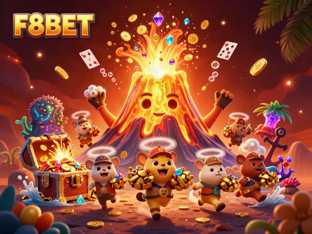 Experience the thrill of F8BET with a golden volcano erupting treasures in this vibrant 3D illustration.