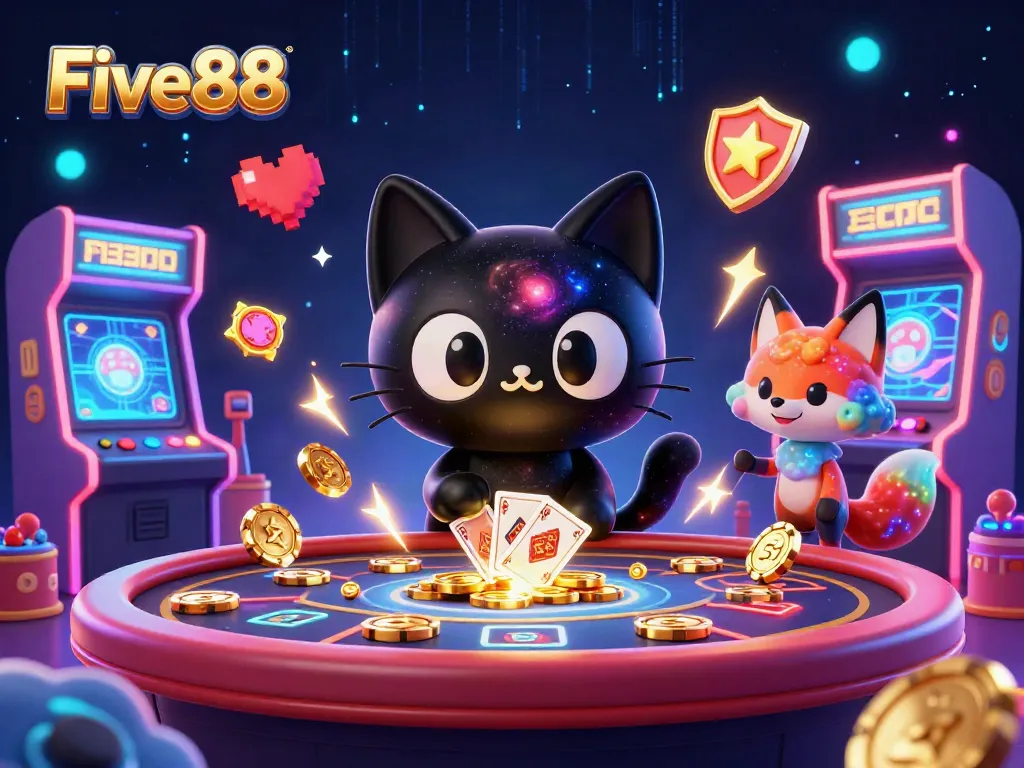 Experience excitement at Five88 with a cosmic casino scene featuring animated characters and vibrant game elements.