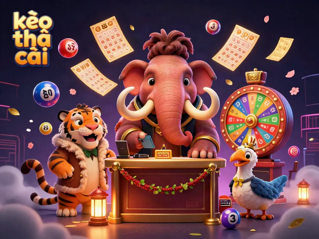 Engage with kèo nhà cái at a bustling casino scene, featuring a woolly mammoth bouncer checking IDs while VIP guests enjoy vibrant games.