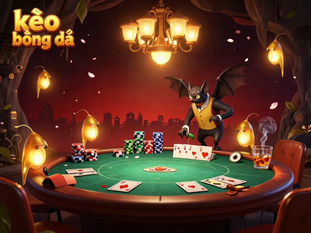 Engage with kèo bóng đá as glowworms light up a cave casino filled with colorful poker chips and cards.