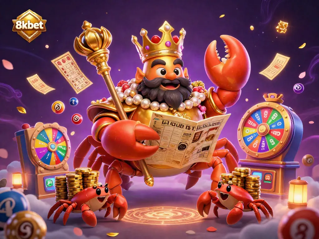 Experience thrilling gaming with 8xbet, featuring dynamic lottery elements and a golden crab emperor.