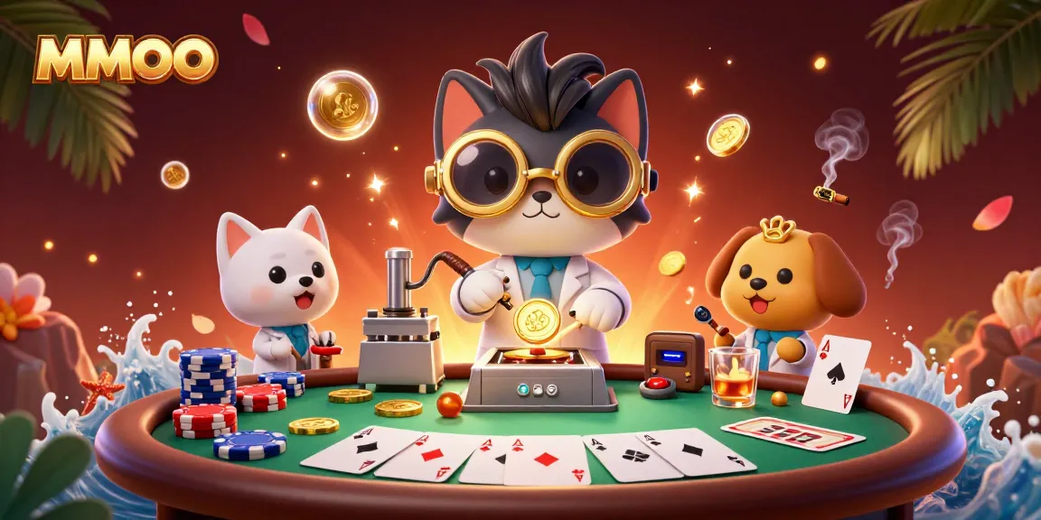 Experience the thrilling MMOO poker world with mad scientist cat and dog at the poker table.