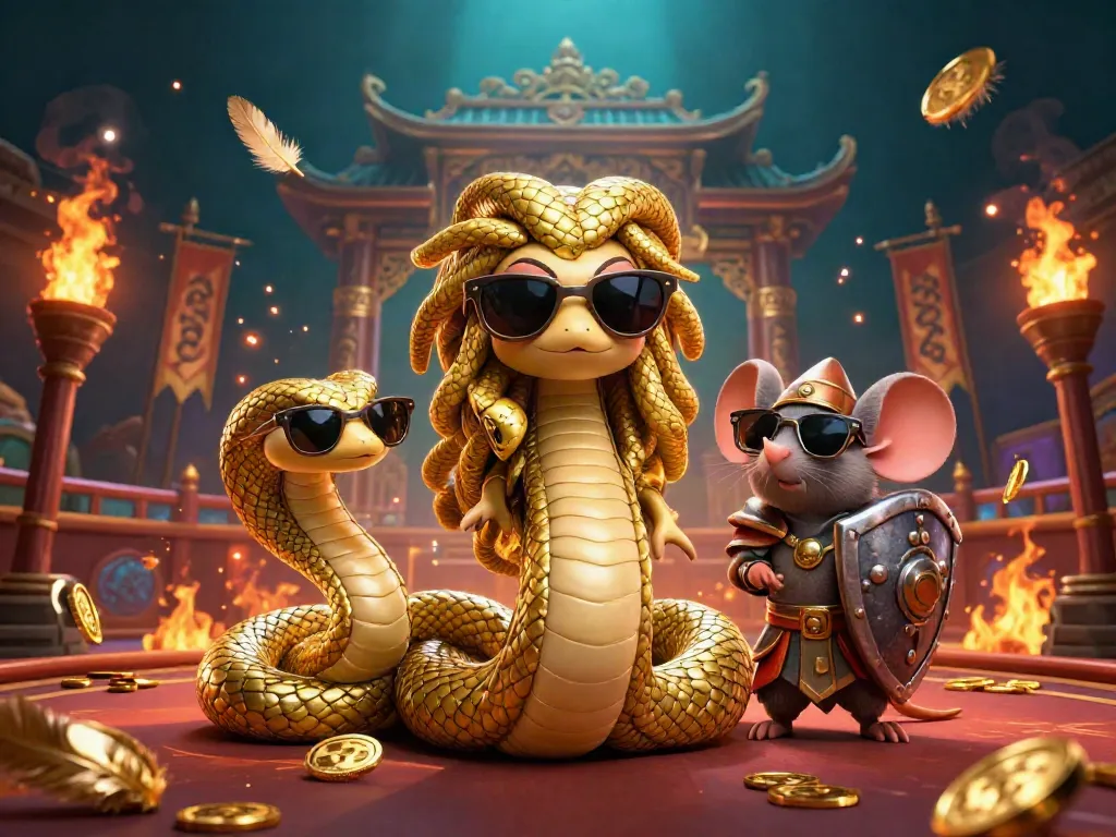 Engaging go-88 casino scene featuring Medusa and a warrior mouse surrounded by colorful game elements.