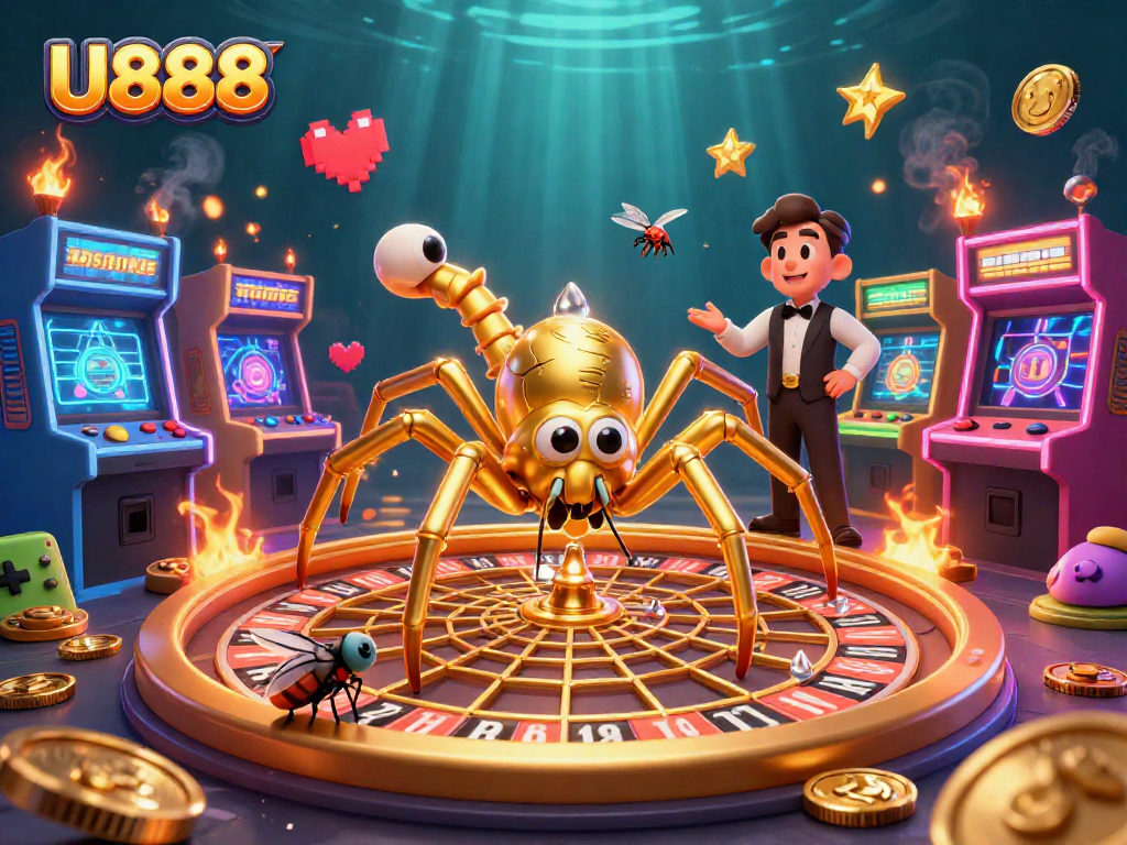 Experience thrilling bets and games with U888 in a vibrant casino-themed illustration.