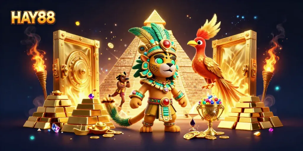 Experience the vibrant world of HAY88 with a Mayan priest, luxury treasures, and festive gaming elements.