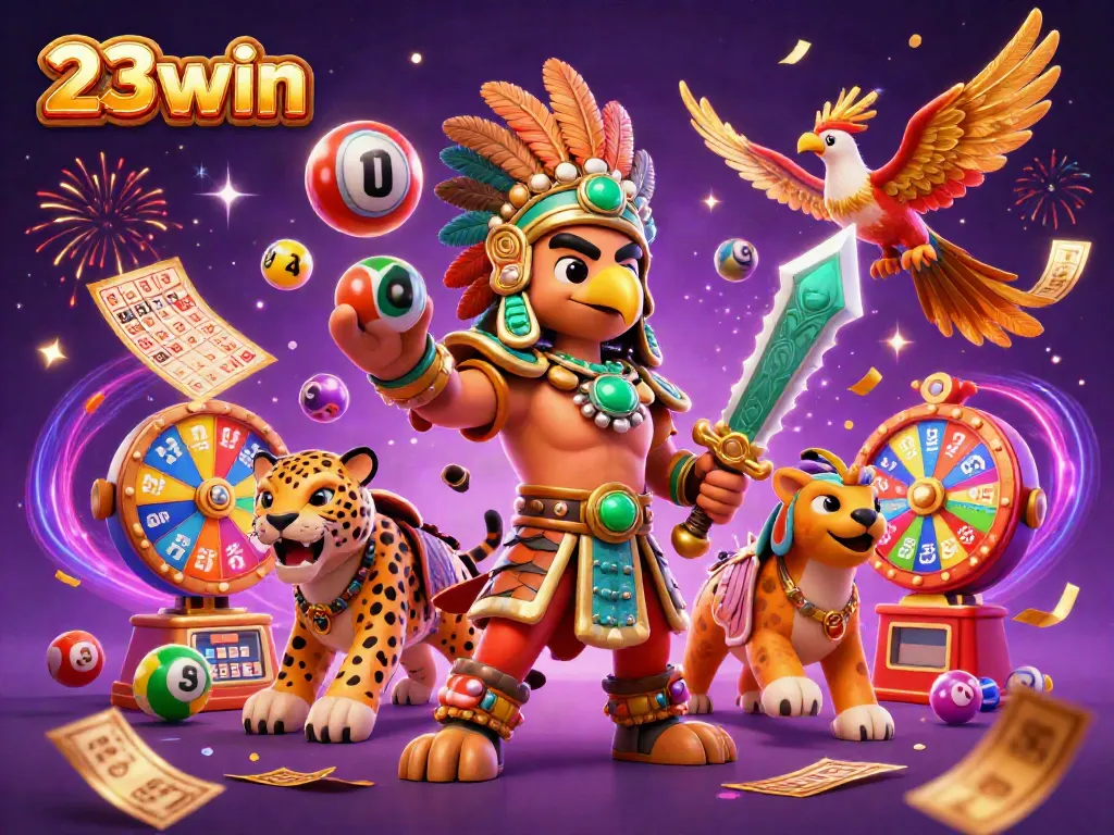 Experience thrilling excitement at 23win with vibrant lottery elements, Aztec warriors, and immersive casino magic.