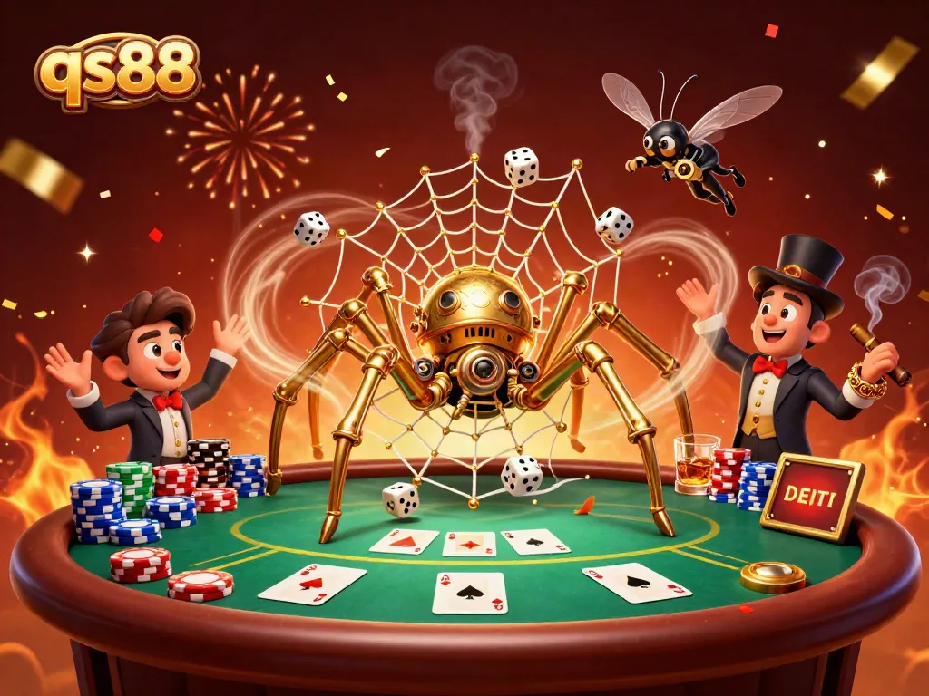 Experience the thrilling action at qs88 with an elaborate steampunk spider catching dice while immersed in a vibrant casino scene.