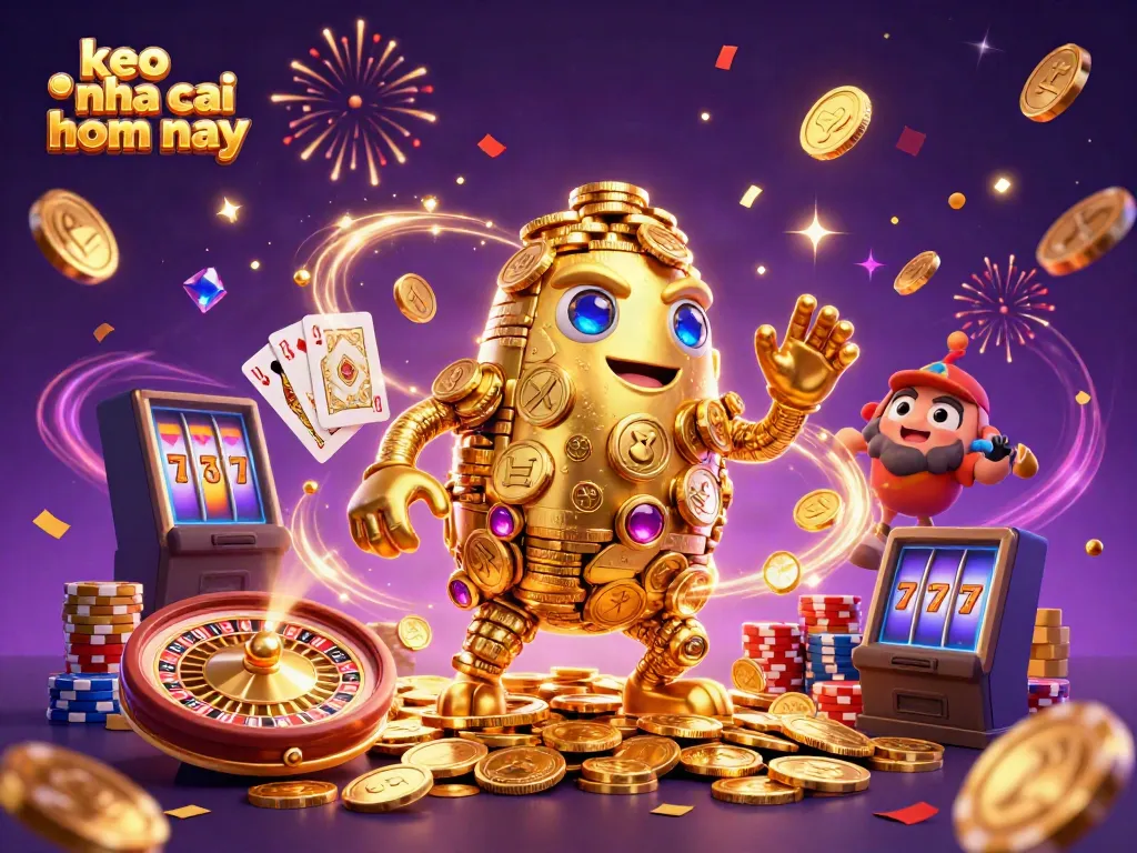 Experience thrilling wins with keo nha cai hom nay featuring a dynamic golden golem and casino elements.