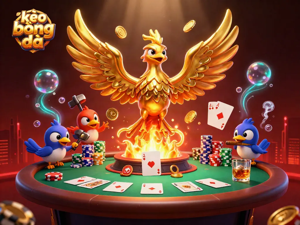 Experience kèo bóng đá with vibrant golden phoenix and dynamic poker scene showcasing rich casino elements.