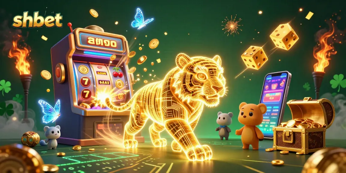 Engage in gaming action at SHBET with a vibrant 3D casino illustration showcasing dynamic games and a golden tiger.