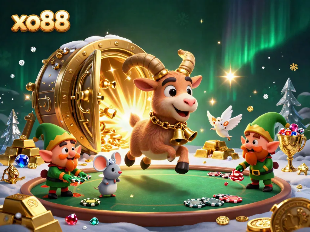 Engage with the thrilling xo88 casino experience featuring festive characters amidst a golden treasure scene.