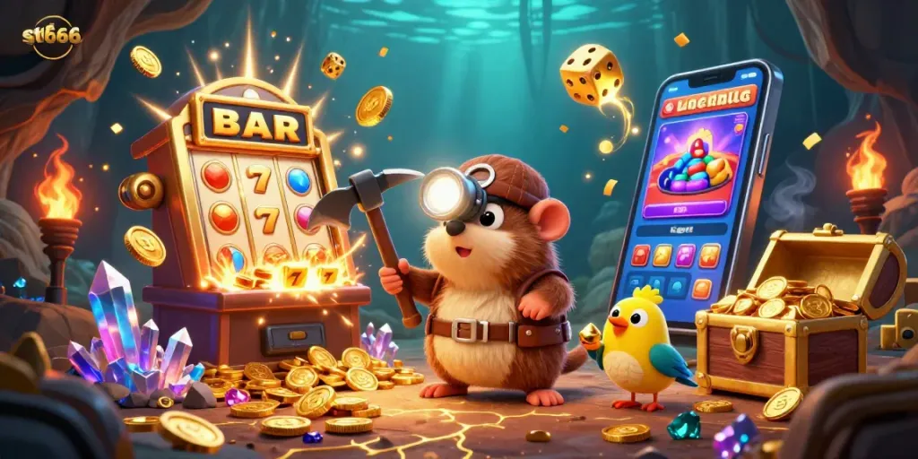 Experience thrilling moments with st666 in this vivid illustration of a treasure-hunting mole and golden jackpot.
