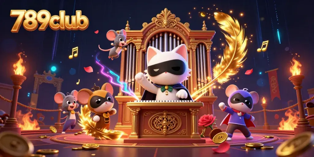 Engage with 789club's vibrant casino experience illustrated by dynamic characters amidst floating golden coins and elaborate game elements.