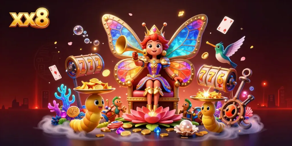 Experience thrilling jackpots with xx8 in this vibrant casino-themed digital art featuring a butterfly queen.