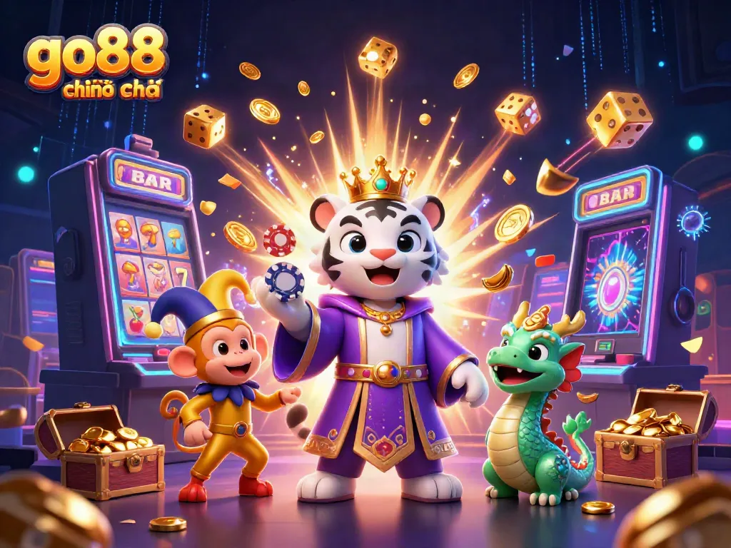 Experience go88 chính chủ with a lively casino scene featuring a majestic tiger and a jester monkey amidst jackpot excitement.