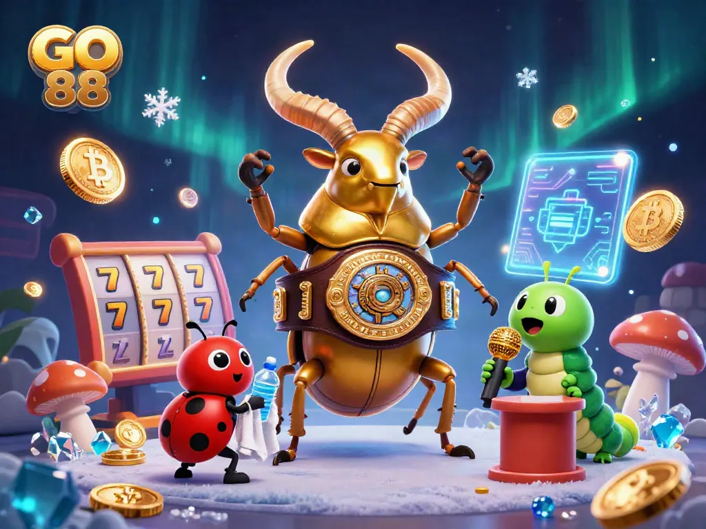 Experience exciting gaming with GO 88's slot reels, Bitcoin coins, and vibrant characters.