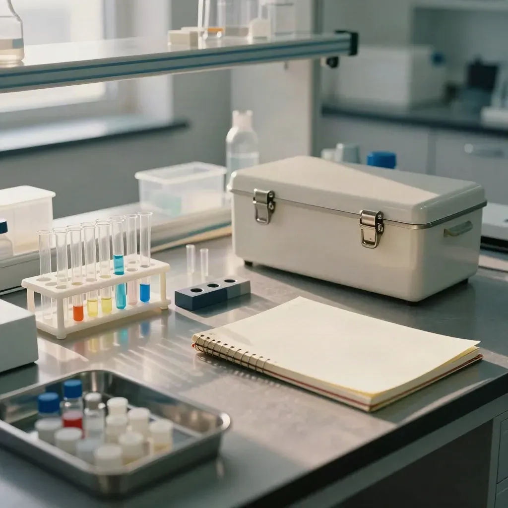 Sample racks, calibration blocks, closed reagent case, and blank lab notebook on a brushed-steel bench.