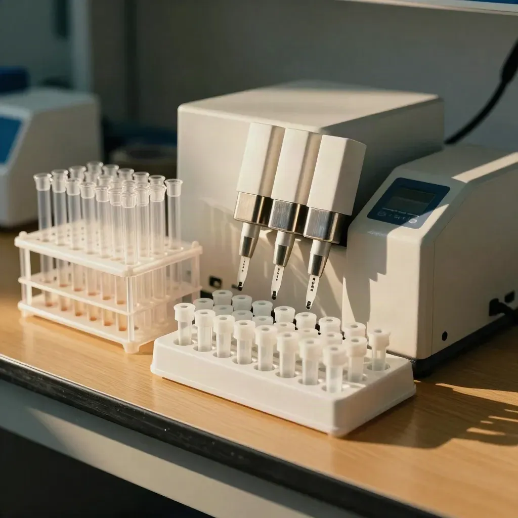 Sealed sample tube racks, extraction cartridges and a clean result tray on a lab bench under dramatic light.