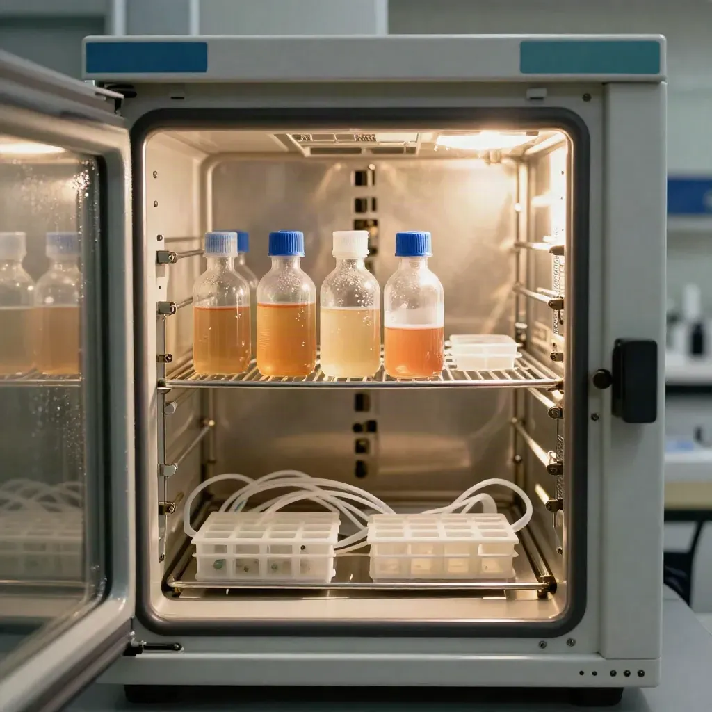 Incubator shelf with capped flasks, media bottles, and condensation in a sterile lab.