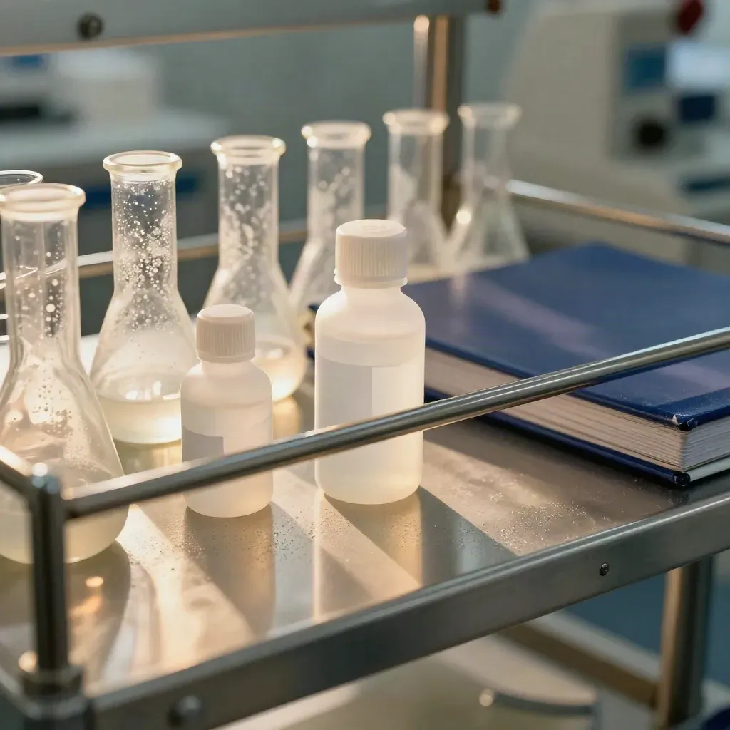 Incubator shelf with capped flasks, media bottle and closed QC binder in soft lab light.
