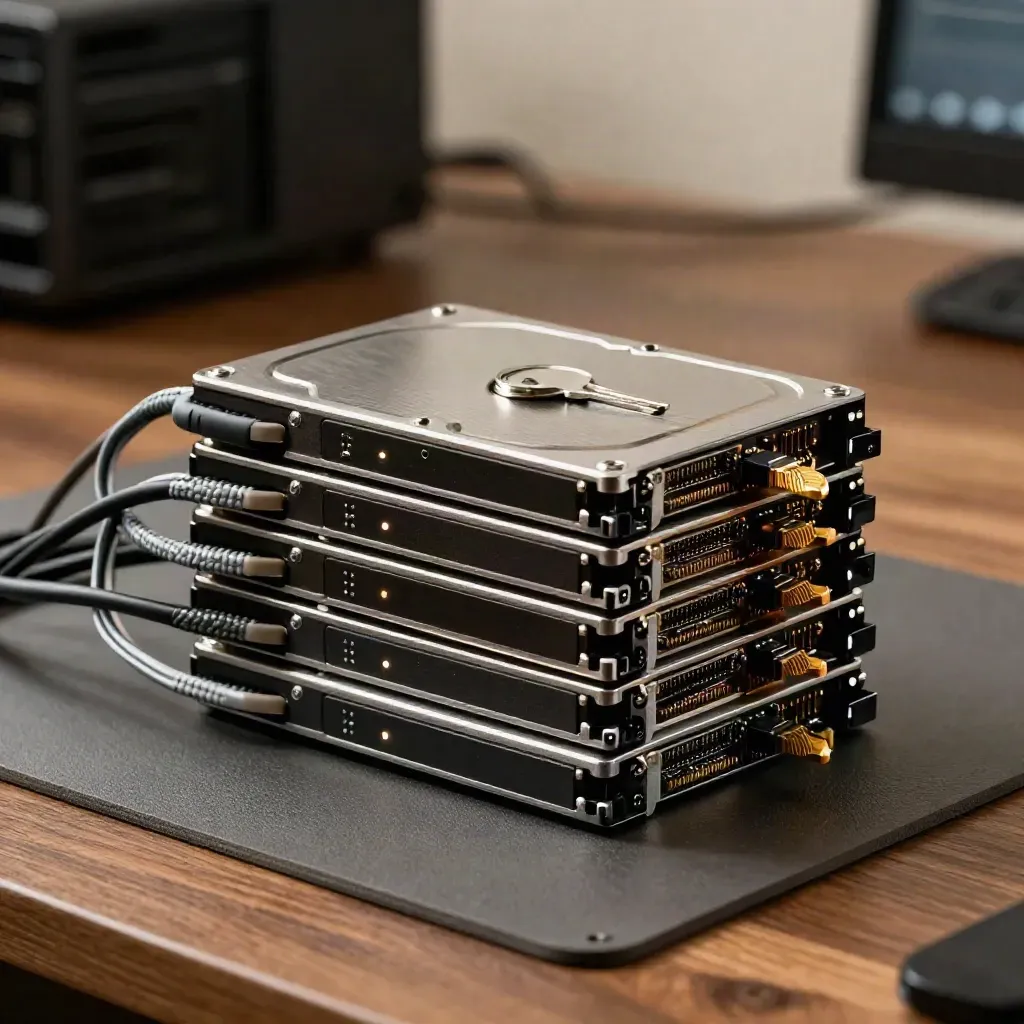 Stacked SSDs, fibre cables and a network hub glowing on an anti-static mat.
