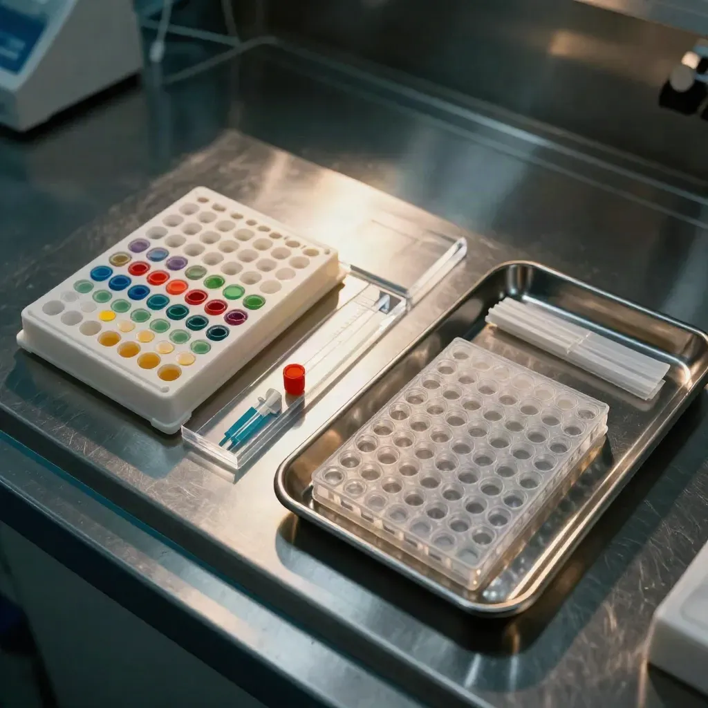 Overhead lab flatlay of sample rack, plate map block and vial caps in order.