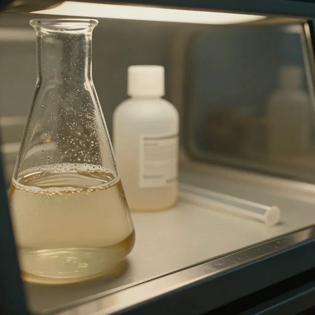 Culture flask, media bottle and cell scraper in a sterile tissue-culture hood, close-up.