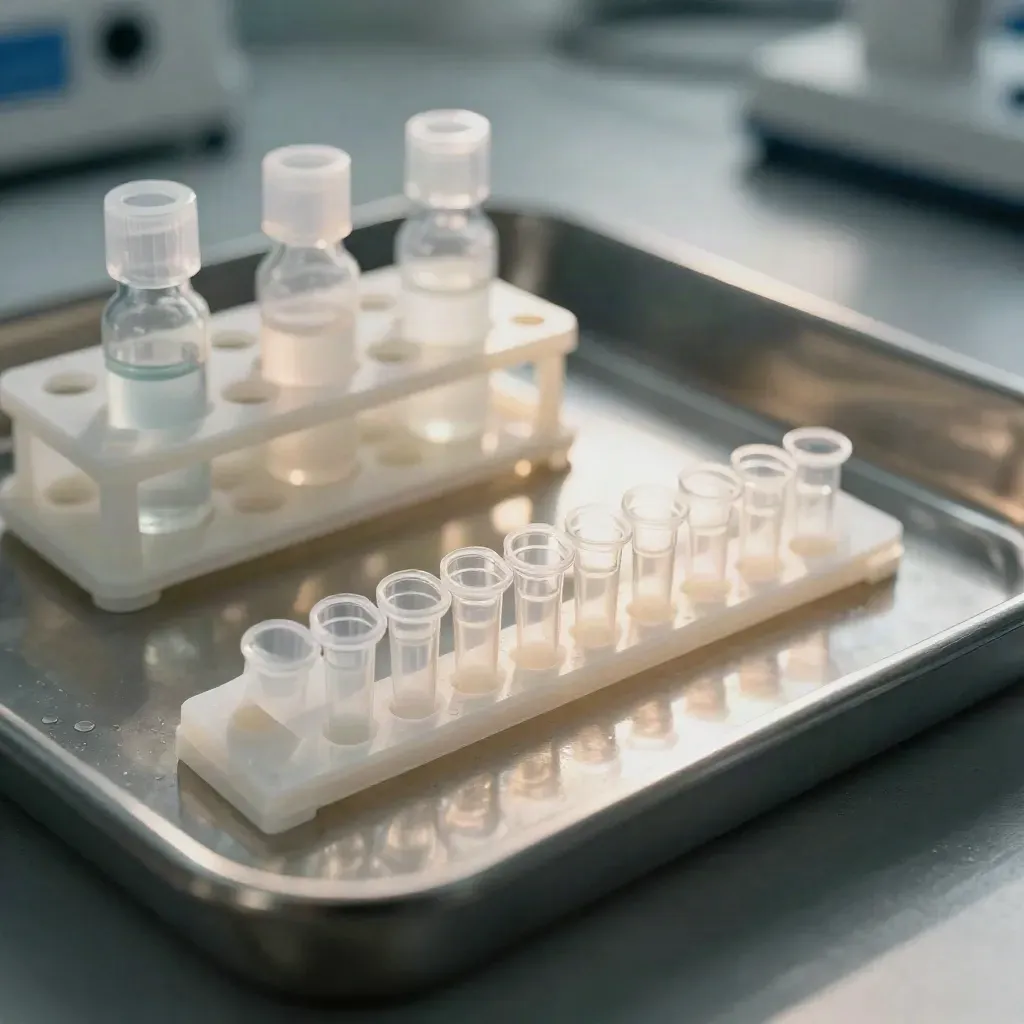 PCR tube strip and reagent vials on a steel tray beside a magnetic rack, lit in a sterile lab glow