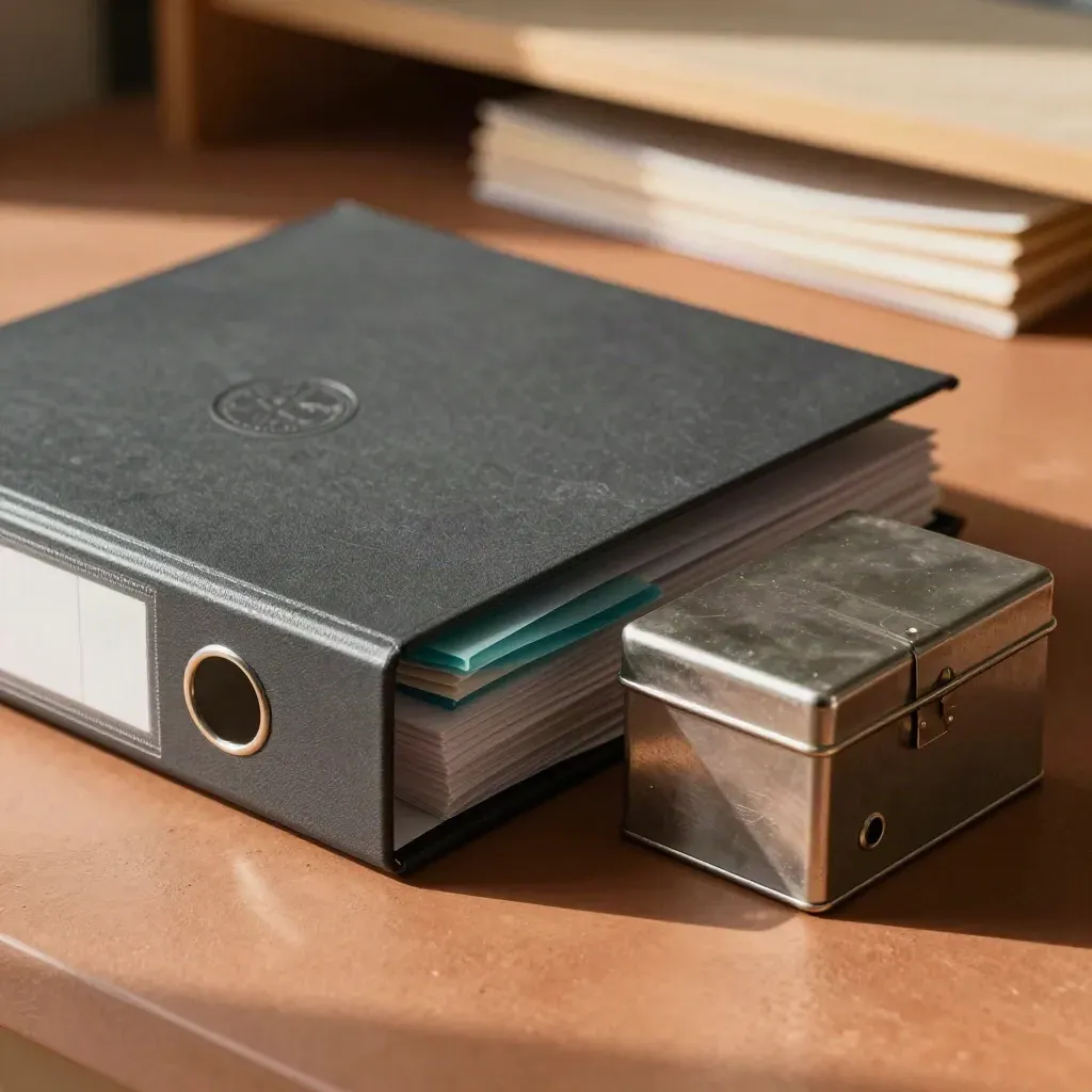 Closed archive binder with teal tabs and a metal storage box on a terracotta surface.