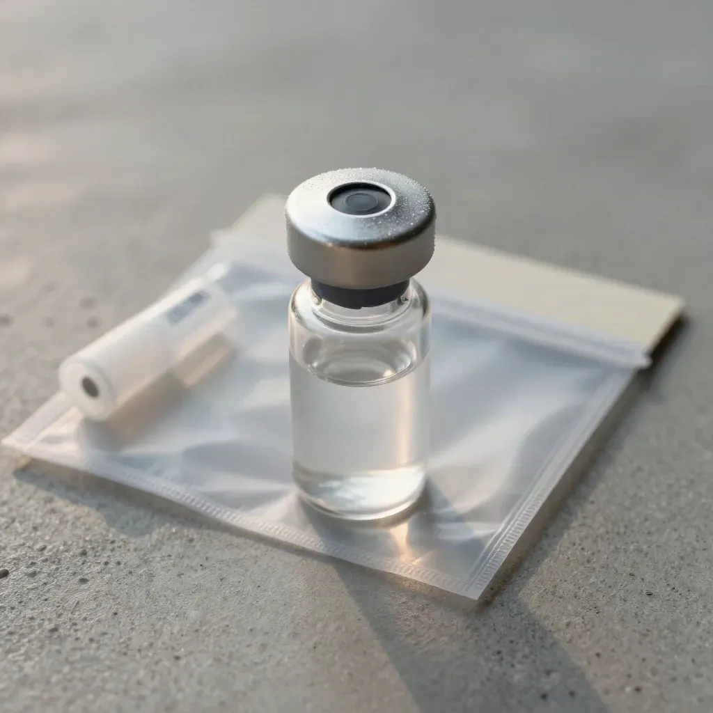 Overhead flatlay of a sealed vial, sample pouch and capped tube on cool concrete.