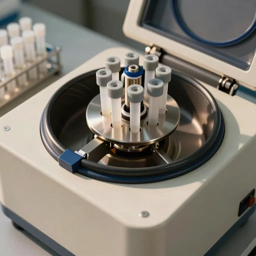 Top-down centrifuge rotor with sealed tubes spinning inside a clinical lab machine.