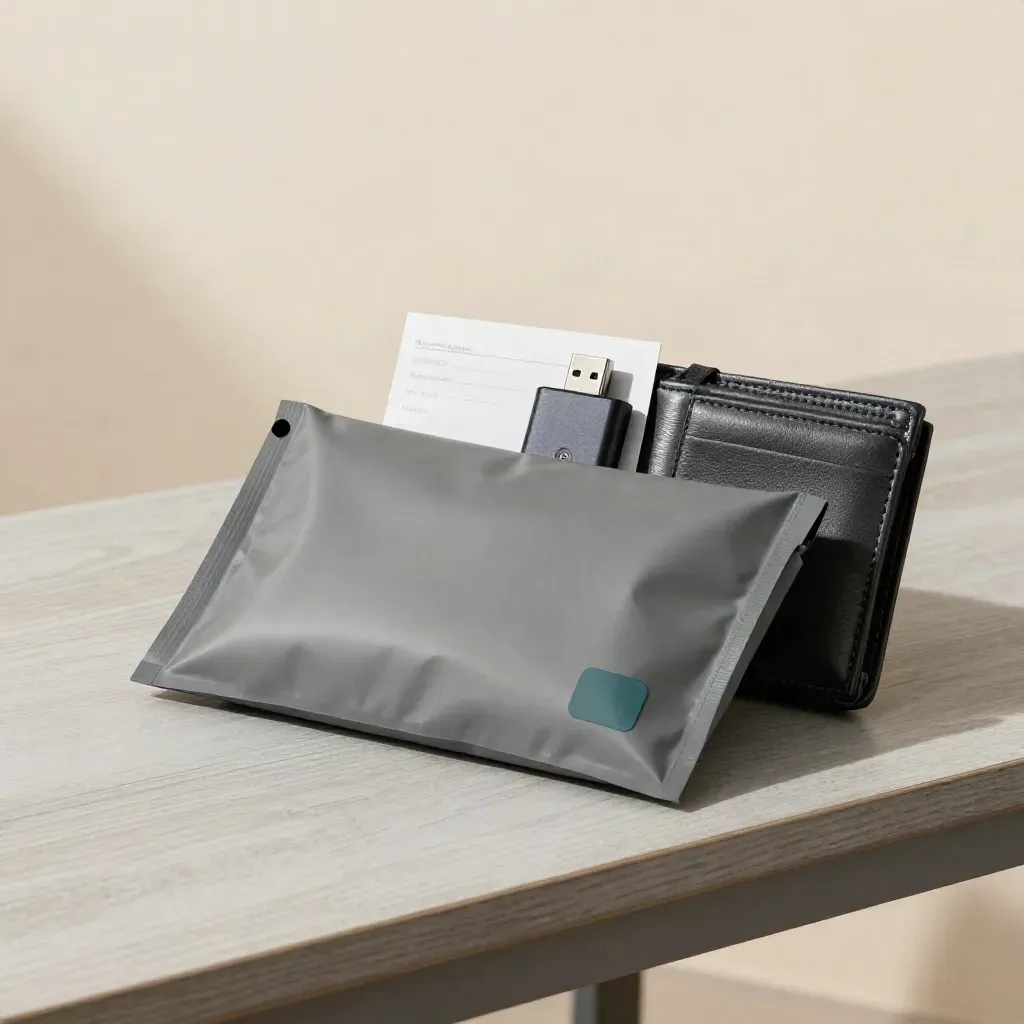 Courier pouch, USB drive and results wallet on pale wood in soft side light