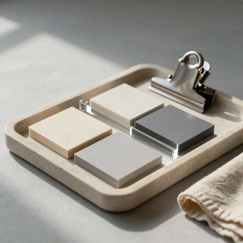 Stone tray with blank tabs, divider block and metal clip on a soft neutral surface.
