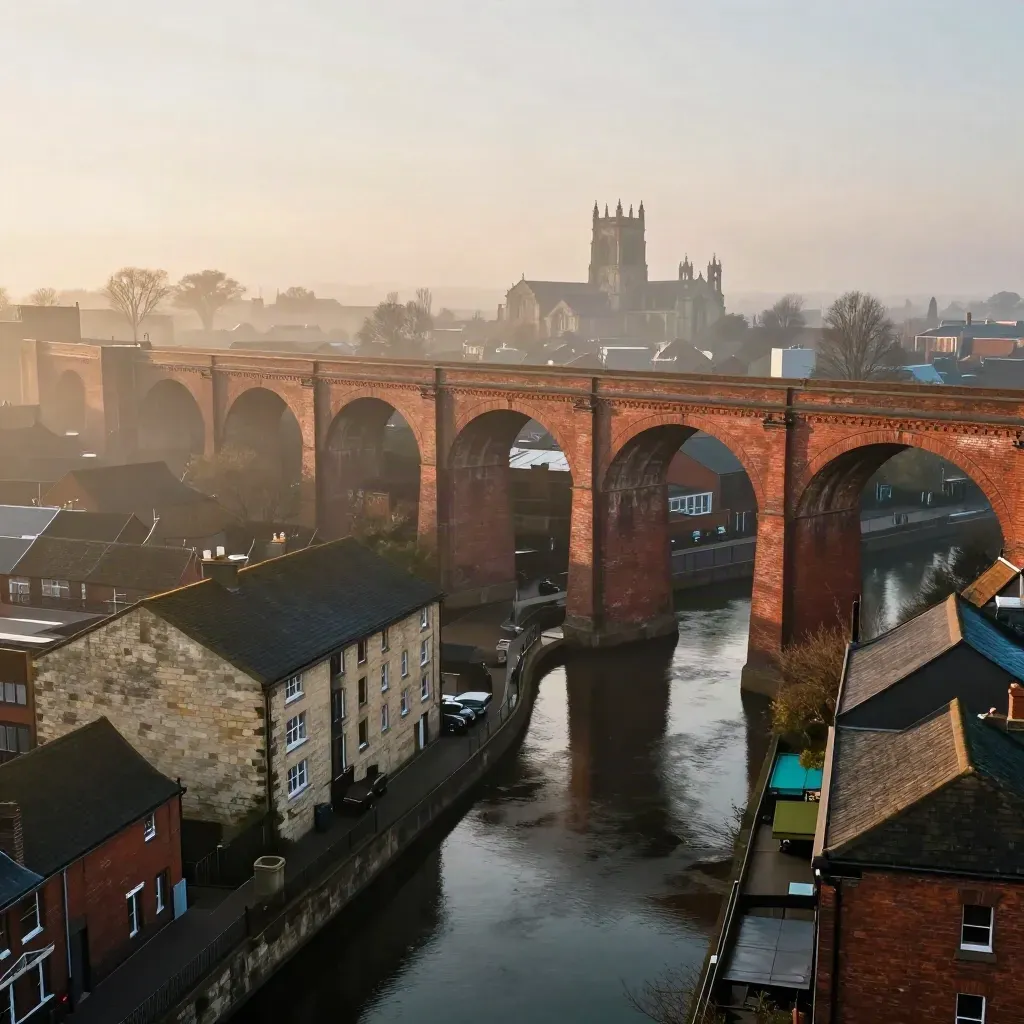 Hazy Midlands skyline of red brick viaducts, canal edges, and a distant cathedral over calm mist.