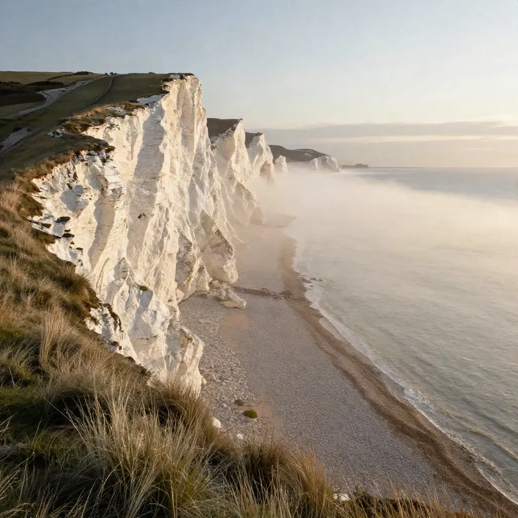 South Downs chalk ridge above a misty pebble shore at warm coastal sunrise.