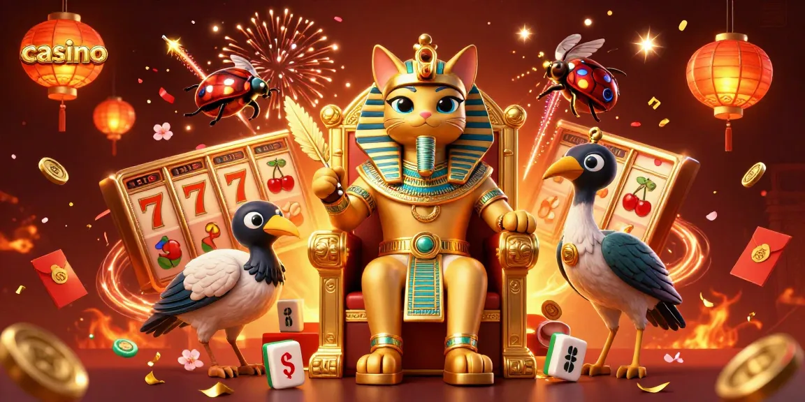 Experience vibrant casino action with Egyptian pharaoh cat and cheerful gambling elements.
