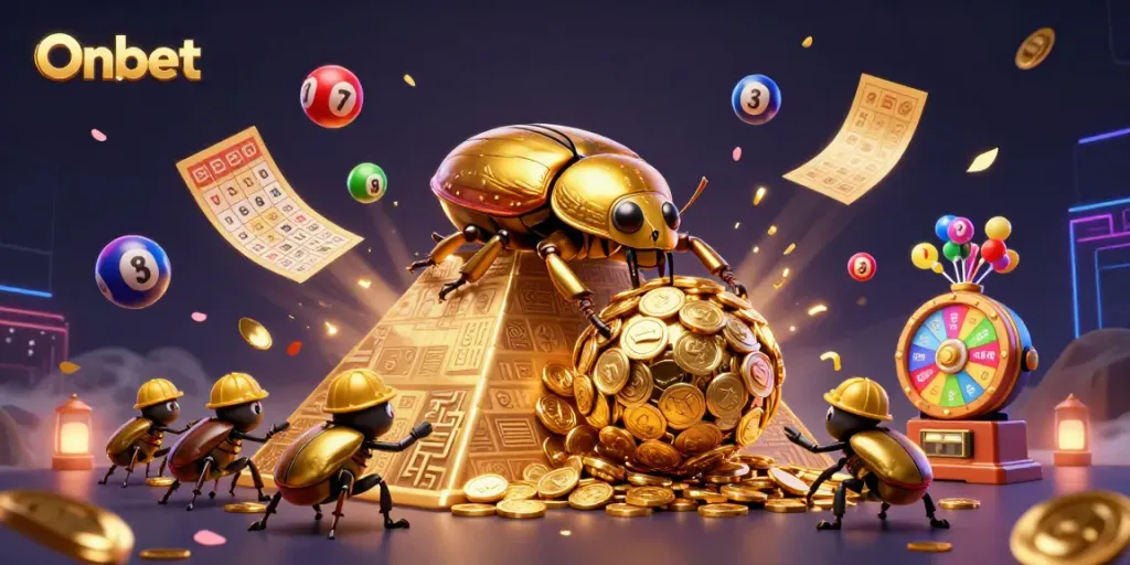 Experience the energetic casino scene with Onbet, featuring golden beetles and lottery elements.