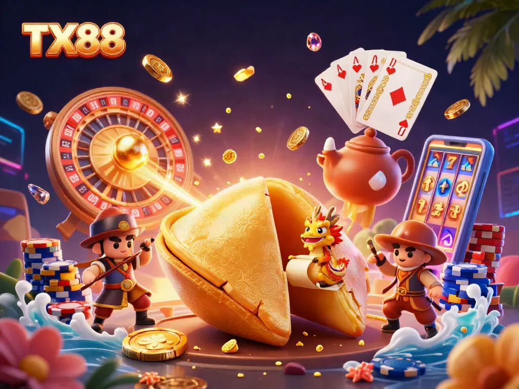 Engage with TX88's exciting gaming experience featuring a dynamic golden fortune cookie scene.