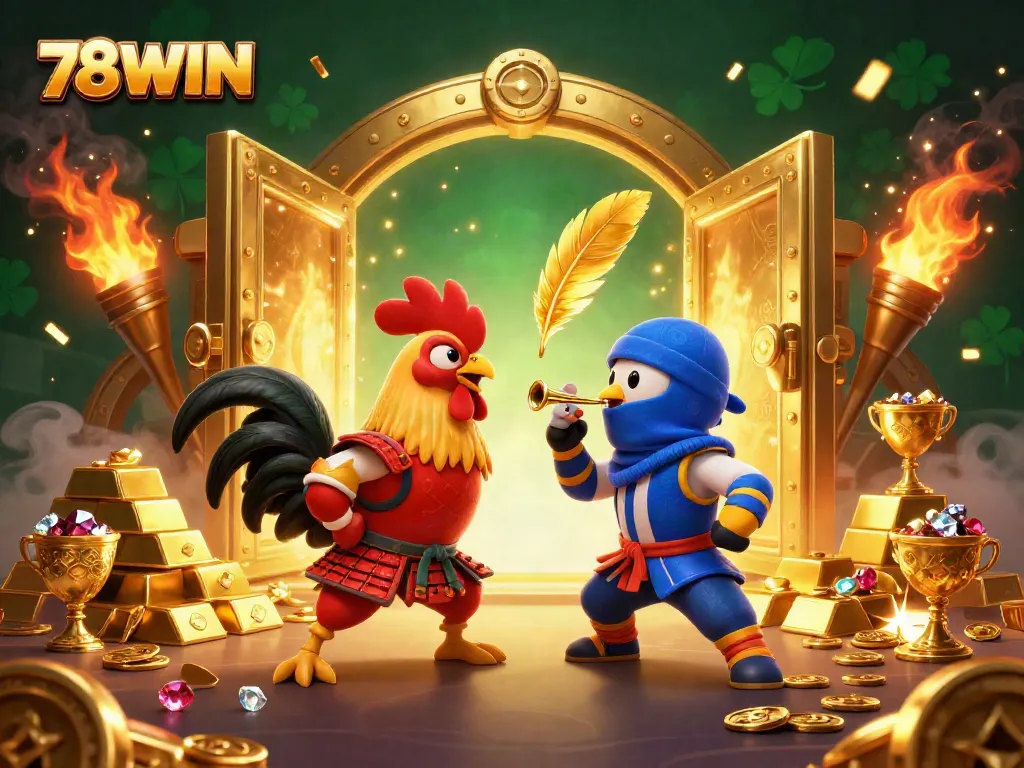 Engage in epic gaming battles with 78WIN: Cartoon roosters clash amidst a treasure-filled backdrop.