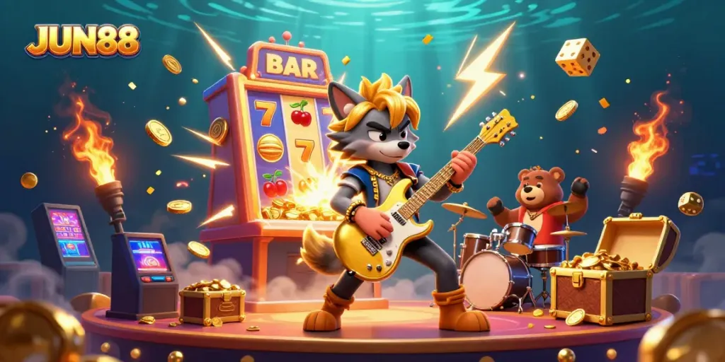 Experience the excitement of JUN88 with a vibrant casino 3D illustration featuring animated characters and jackpot symbols.