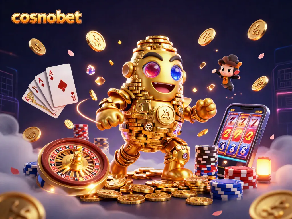 Spin to win at cosmobet with a vibrant display of casino elements in this thrilling 3D illustration.