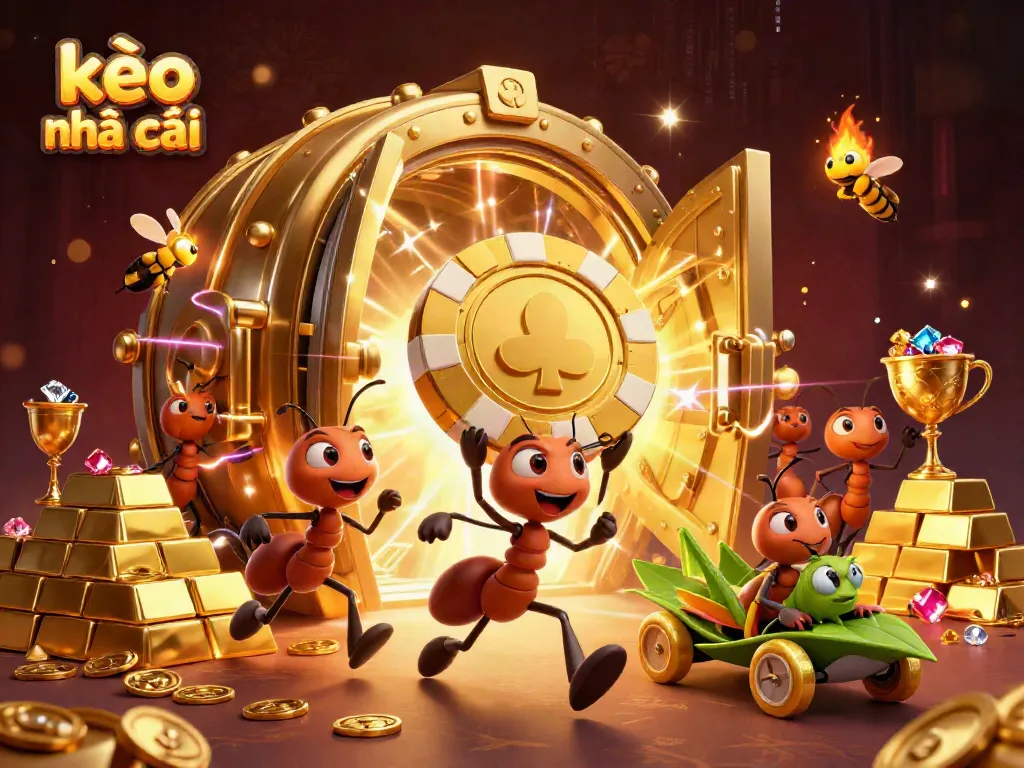 Cute ants work together in a heist carrying a giant poker chip in the kèo nhà cái scene.