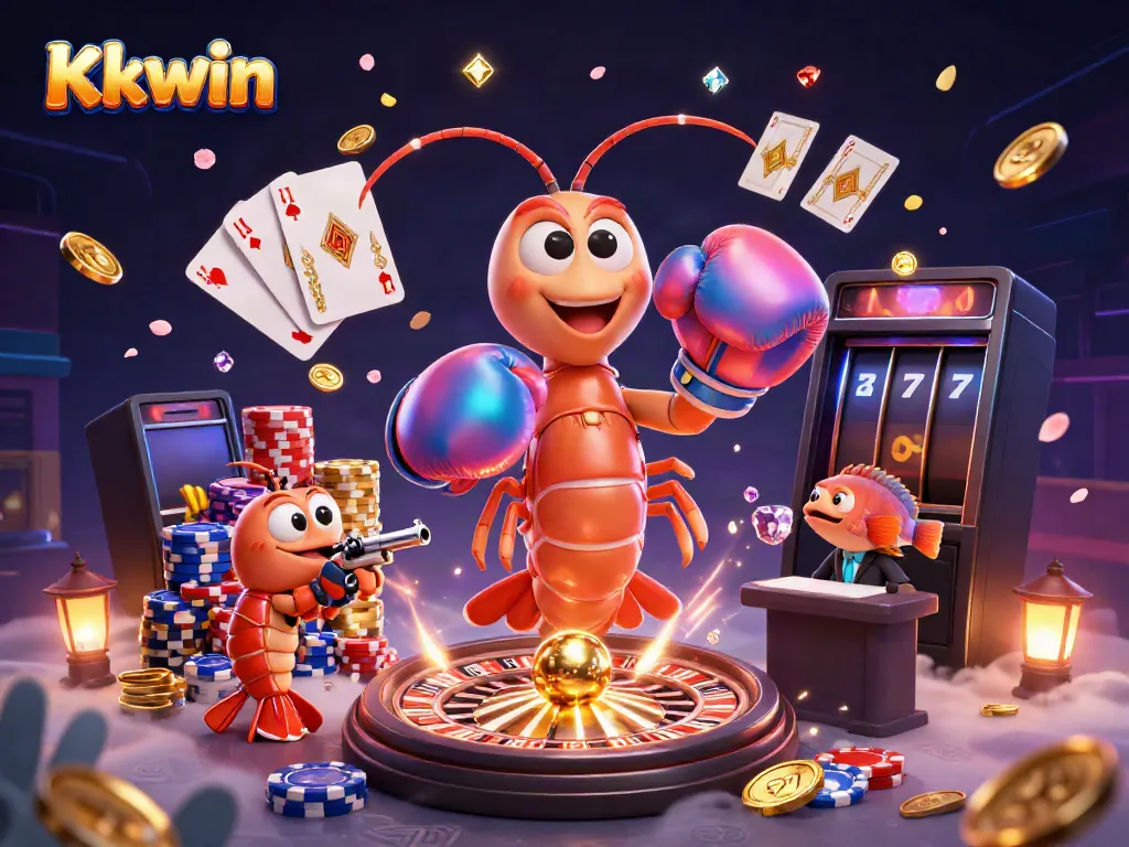 Kkwin showcases a vibrant casino scene with dynamic characters surrounded by gold coins and gaming elements.