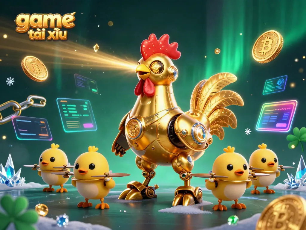 A dynamic portrayal of game tài xỉu featuring a golden rooster robot and baby chick drones amidst crypto coins and vibrant visual elements.