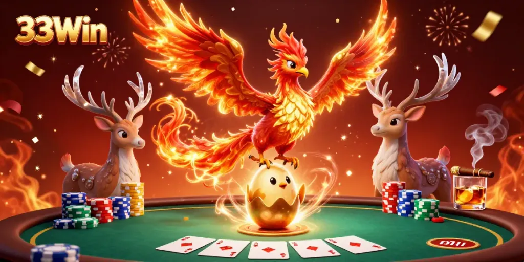 Experience vibrant gameplay at 33Win with soaring phoenix and dynamic poker elements in a rich casino atmosphere.