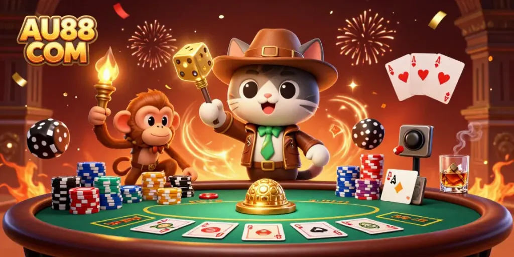 Experience the excitement of AU88 COM with an adventurous cat archaeologist exploring a casino artifact in a vibrant 3D scene.