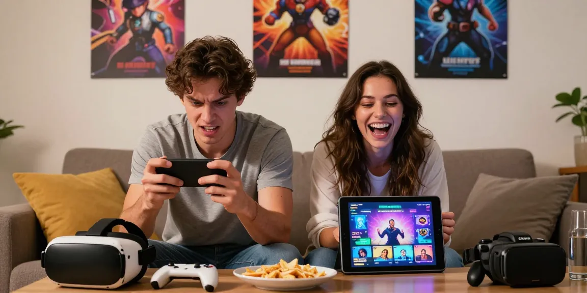 Young couple enjoying sex games on mobile devices in a cozy living room.
