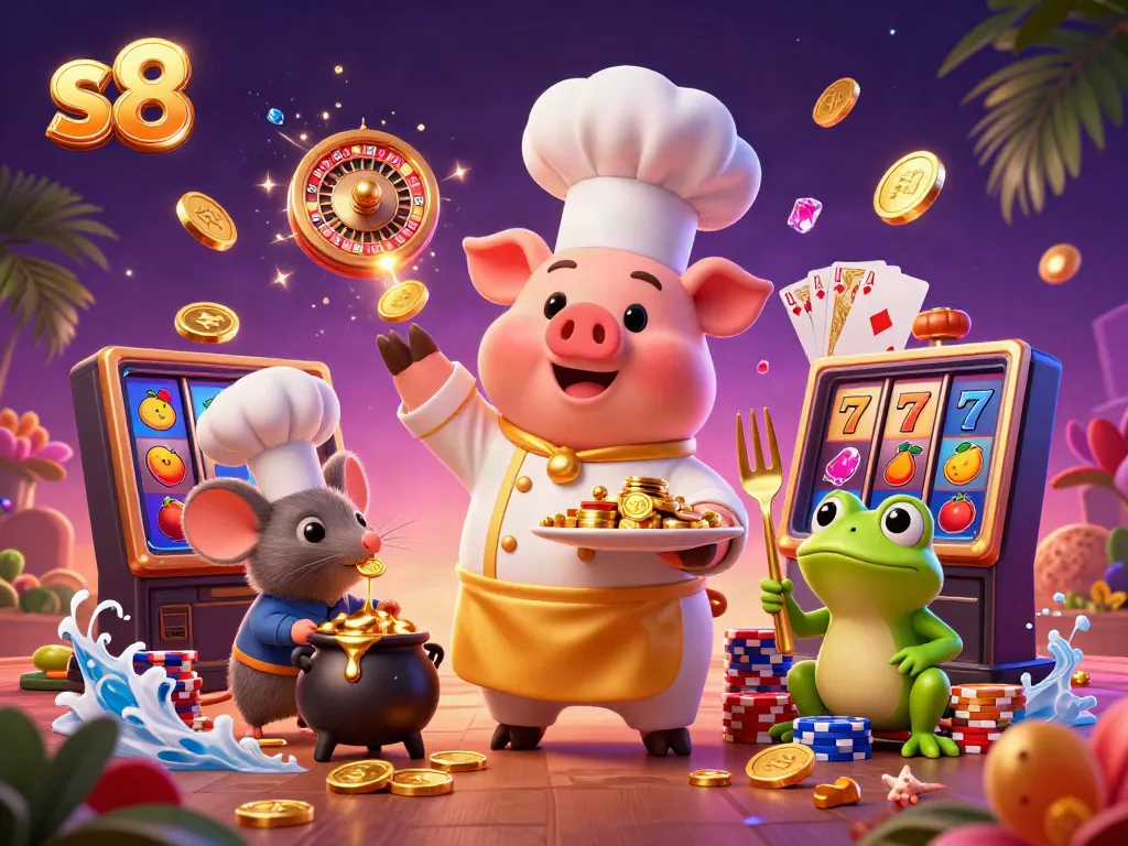 Experience exciting slots immersion at s8 with vibrant casino elements like gold coins and lucky 7s.