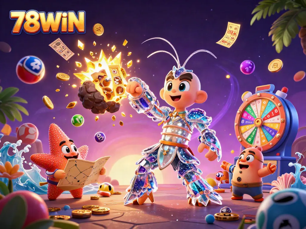 Experience thrilling gaming with 78WIN, featuring a galactic samurai mantis shrimp smashing through asteroids for casino rewards.